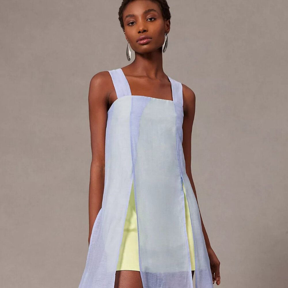 Anthropologie Square-Neck Linen Blend Mini Overlay Slit Dress 10